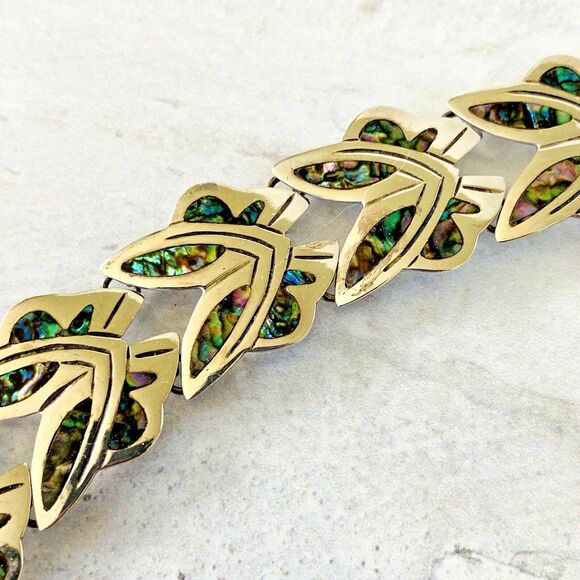 Vintage Signed Mexican Sterling Silver Abalone Inlay Bracelet Stylized Design - Picture 3 of 9